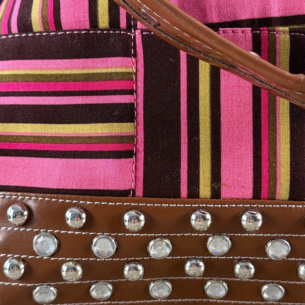 Pink Striped Vegan Leather Studded Bag Rhinestone Glam |Statement Purse Like New - Picture 4 of 17